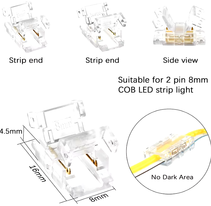 2-Pin 8mm COB LED Strip Light Connector Transparent Clip – LED OUTLET PR
